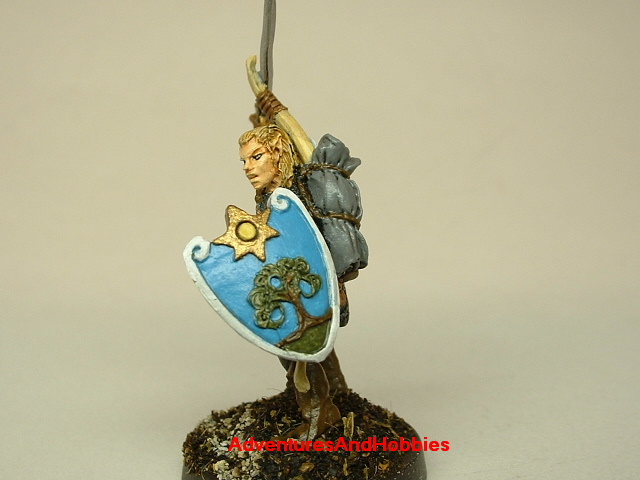 Elf warrior with longsword and longbow painted figure for fantasy role-playing games and table top war games shield details