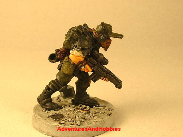 Post apocalypse soldier with sniper rifle 25 mm painted figure for role-playing games and table top war games front view