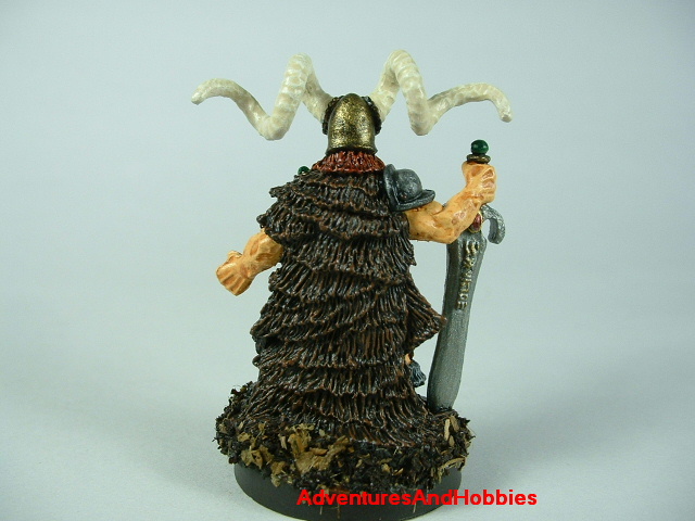 Barbarian chief fighter with broadsword and horned helmet painted figure for fantasy role-playing games and table top war games - frear view