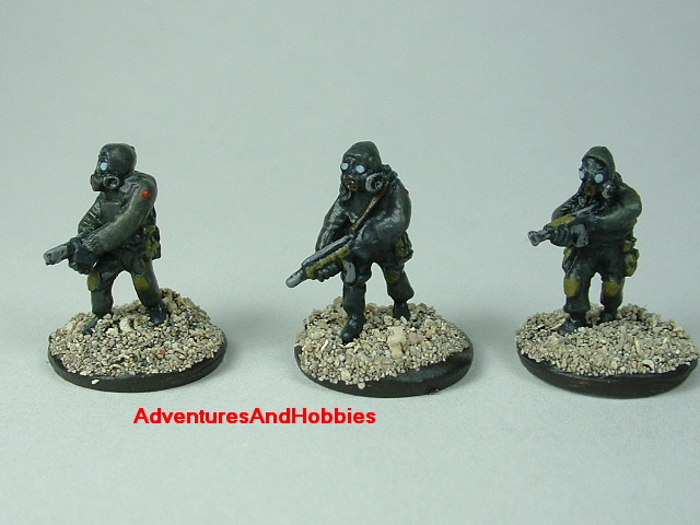 Three-man Fire Team A in bio suits painted 15 mm scale figure for modern or post apocalypse role-playing games and table top war games - front view