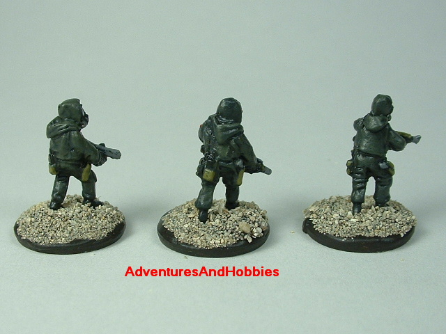 Three-man Fire Team A in bio suits painted 15 mm scale figure for modern or post apocalypse role-playing games and table top war games - rear view