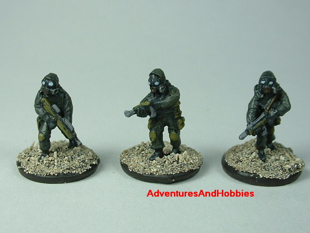 Three-man Fire Team B in bio suits painted 15 mm scale figure for modern or post apocalypse role-playing games and table top war games - front view