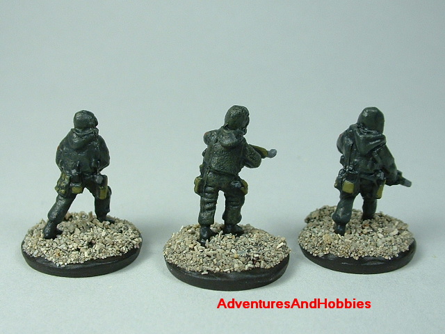 Three-man Fire Team B in bio suits painted 15 mm scale figure for modern or post apocalypse role-playing games and table top war games - rear view