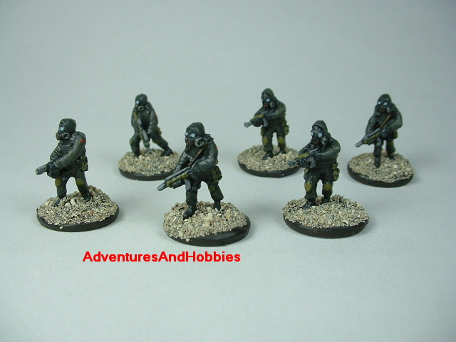 Six-man combat squad in bio suits painted 15 mm scale figure for modern or post apocalypse role-playing games and table top war games - front view