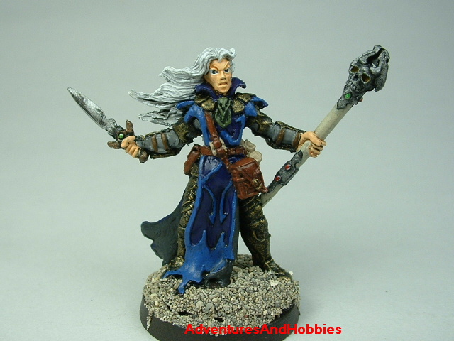 Dark elf wizard with staff and dagger painted figure for fantasy role-playing games and table top war games - front view