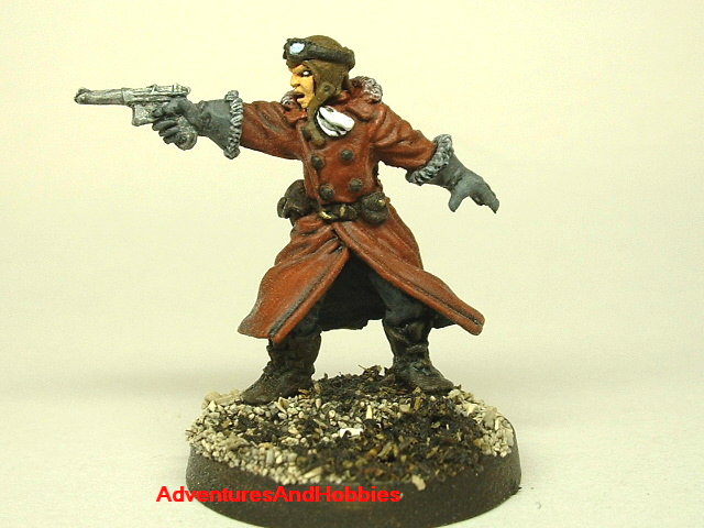 Pulp steampunk aviator with machine pistol 25 mm painted figure for role-playing games and table top war games front view