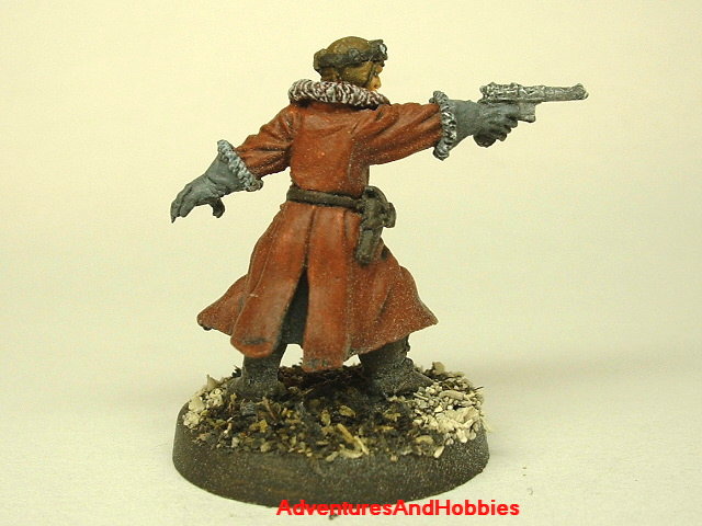 Pulp steampunk aviator with machine pistol 25 mm painted figure for role-playing games and table top war games rear view